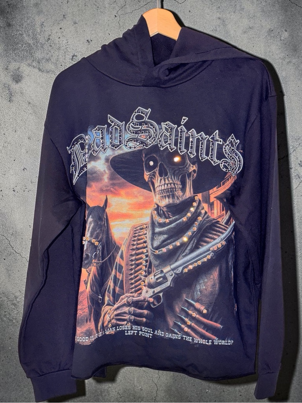 Left point Bad Saints Graphic Hoodie — w Black with Sunset Accent